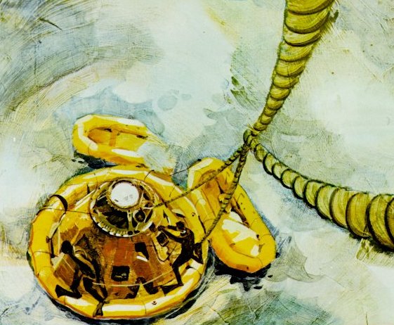 Acrylic painting illustrating divers coming aboard on Apollo 9