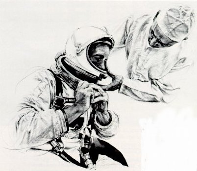 A drawing illustrating a technician assisting an astronaut suit up