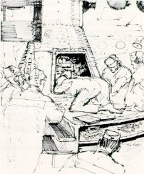 A drawing illustrating technicians working on the lunar module