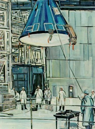 Acrylic painting, illustrating technicians inspecting the Command Module