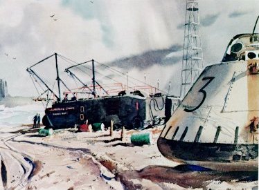 A drawing, illustrating a lunar module on the ground