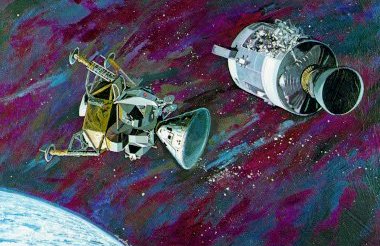 A picture of the command module and lunar module drifting in space