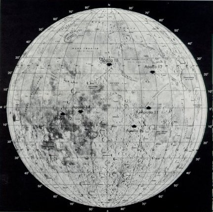 A photo of the moon with Apollo landing sites marked