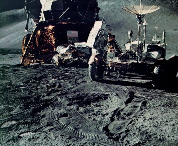 A photo of the Lunar Module and Lunar Roving Vehicle