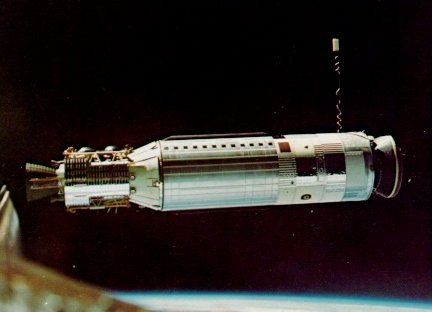 A photo of Agena target vehicle docking with Gemini VIII