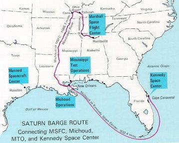 A map of Saturn barge route from Marshall Space Flight Center to Kennedy Space Center