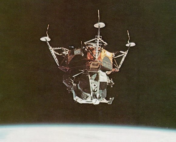 A photo of the lunar module upside down