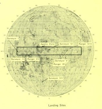 A picture of a map,illustrating Ranger and Surveyor landing sites