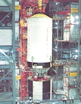 A photo of S-II stage of Saturn V connecting with the first stage