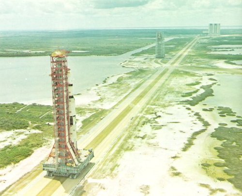 A photo of Saturn V space vehicle en route to Launch Pad A