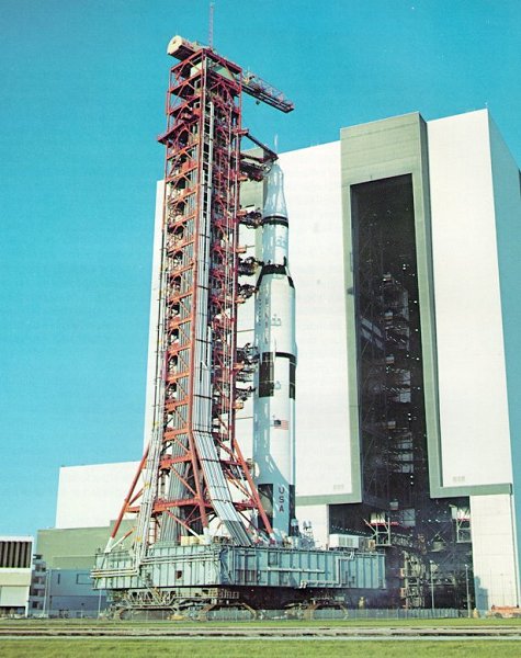 A photo of Apollo-Saturn rolling slowly out of the VAB