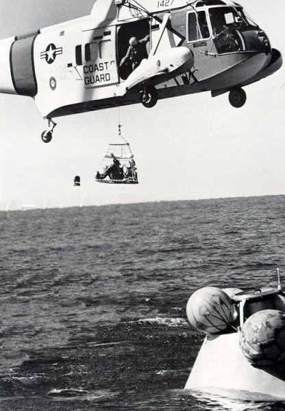 A photo of a closer view of Apollo 7 astronaut being hoisted up to helicopter